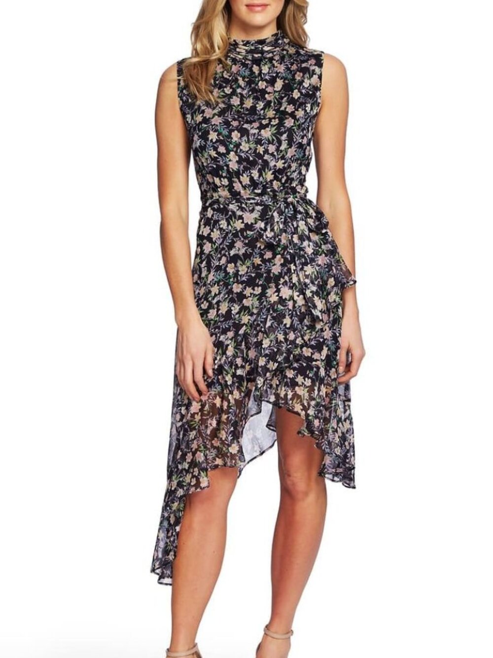 CeCe Printed Crinkle Chiffon Mock-Neck Asymmetric Dress Size 4